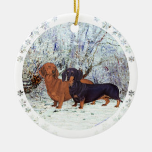 Ornamento De Cerâmica Dachshunds na Neve
