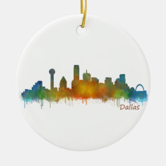 Ornamento De Cerâmica Dallas Texas City Watercolor Skyline Hq v2