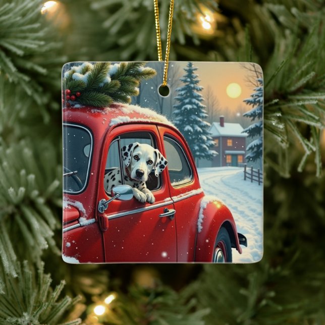 Ornamento De Cerâmica Dalmatian Snowy Car Ride Christmas Painting (Árvore)