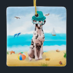 Ornamento De Cerâmica Dalmation Dog on Beach<br><div class="desc">Um cachorro bonito sentado na praia é uma ideia perfeita para alguém que ama essa raça de cachorro.</div>