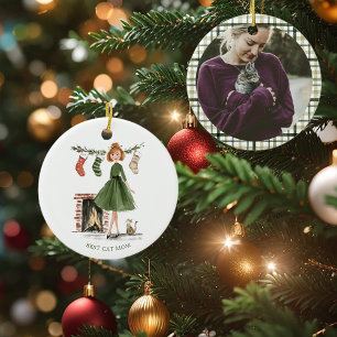 Ornamento De Cerâmica Dama de Natal com Gato Foto Personalizada