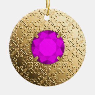Ornamento De Cerâmica Damasco Dourado com uma pedra preciosa da ametista