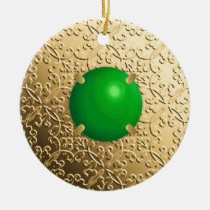 Ornamento De Cerâmica Damasco Dourado com uma pedra preciosa do jade do