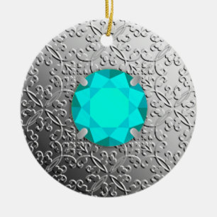 Ornamento De Cerâmica Damasco prateado com uma falsa pedra preciosa aqua