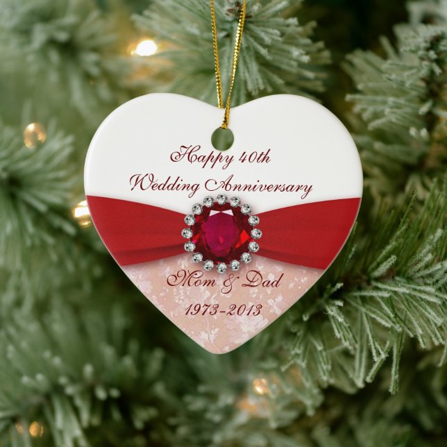 Ornamento De Cerâmica Damask 40ª Ornament de Aniversário de Casamento (Árvore)