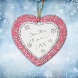 Ornamento De Cerâmica Damask Faux Diamond Rosa Primeiro Natal