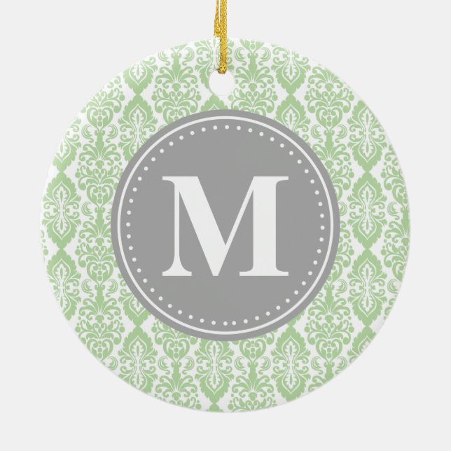 Ornamento De Cerâmica Damask in Mint Green Cinza Monograma (Traseira)