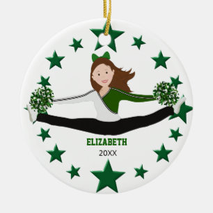 Ornamento De Cerâmica Dance Cheer Brunette Green Stars & White