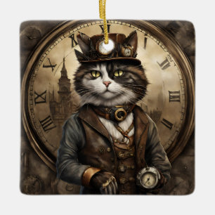 Ornamento De Cerâmica Dapper Steampunk Calico Cat