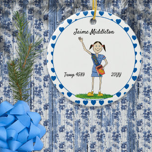 Ornamento De Cerâmica Dark Hair Cadette Girl Scouting Blue Heart Shape