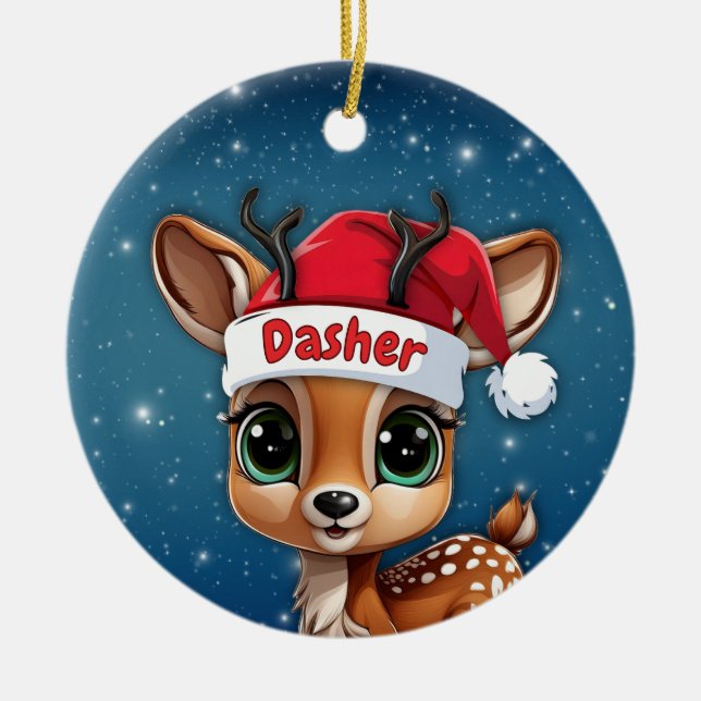 Ornamento De Cerâmica Dasher Baby Deer, Fawn, Doe, Reindeer 🦌🎄 (Frente)