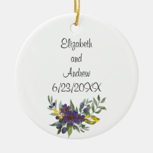 Ornamento De Cerâmica Data de Casamento Personalizado Amarelo Roxo