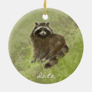 Ornamento De Cerâmica Datas Personalizadas, Raccoon, Watercolor Animal