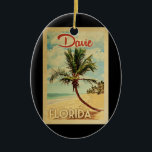 Ornamento De Cerâmica Davie Palm Viagens vintage<br><div class="desc">Um impressão de arte moderna do século médio,  Davie Florida,  em estilo viagens vintage. Ele apresenta uma palmeira curva na praia arenosa com oceano sob um céu azul nublado.</div>