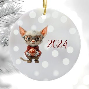 Ornamento de Cerâmica de Gato de Natal com Mão Ver