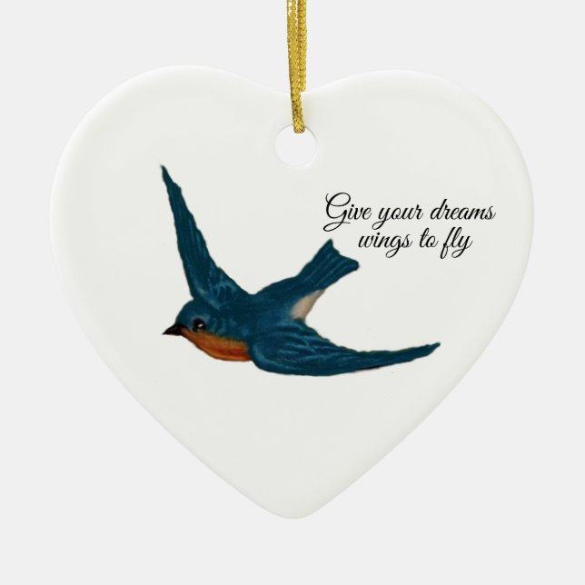 Ornamento De Cerâmica "Dê suas asas de sonho para voar" com Bluebird (Frente)