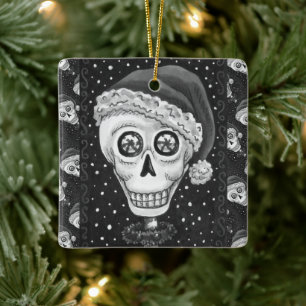 ORNAMENTO DE CERÂMICA DEAD HEAD SANTA SKULL, CHRISTMAS SKELETON HUMOR