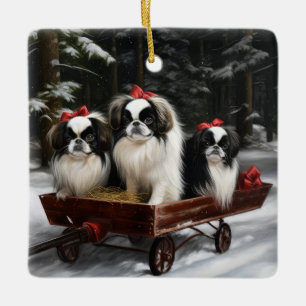 Ornamento De Cerâmica Decado de Natal do Chin Snowy Sleigh