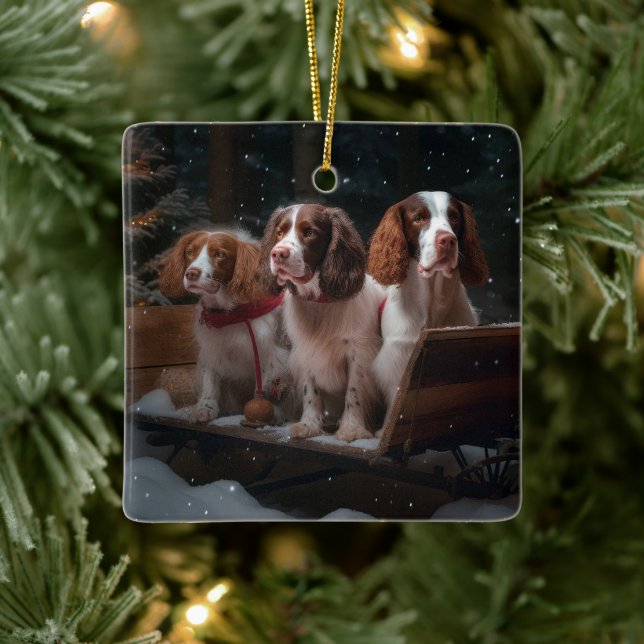 Ornamento De Cerâmica Decoração de Natal Brittany Spaniel Snowy Sleigh (Árvore)
