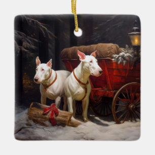 Ornamento De Cerâmica Decoração de Natal Bull Terrier Snowy Sleigh