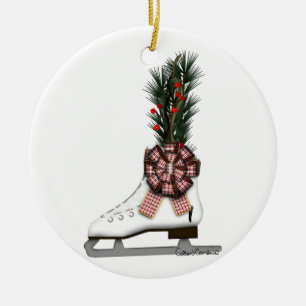 Ornamento De Cerâmica Decoração de Natal de Patins de Gelo com Laço Xadr