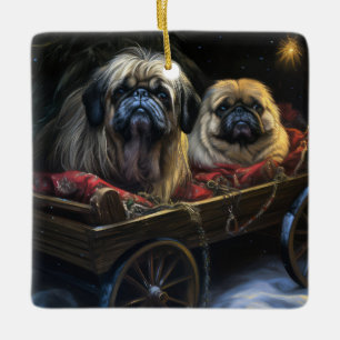 Ornamento De Cerâmica Decoração de Natal de Pekingese Snowy Sleigh