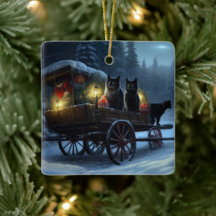 Ornamento De Cerâmica Decoração de Natal Passeio de Trenó com Gata Preta