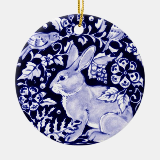 Ornamento De Cerâmica Dedham Blue Rabbit, Classic Blue & White Design (Frente)