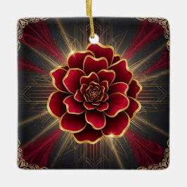 Ornamento De Cerâmica Deep Red Art Deco Flower Ornament with Gold Accent