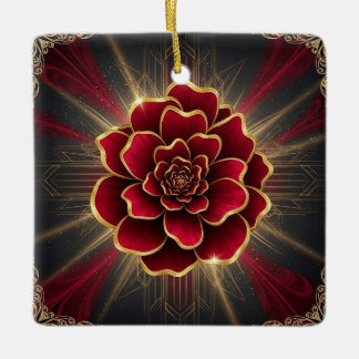 Ornamento De Cerâmica Deep Red Art Deco Flower Ornament with Gold Accent