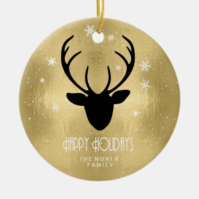Ornamento De Cerâmica Deer Antlers Silhouette & Snowflakes Dourado ID861 (Frente)