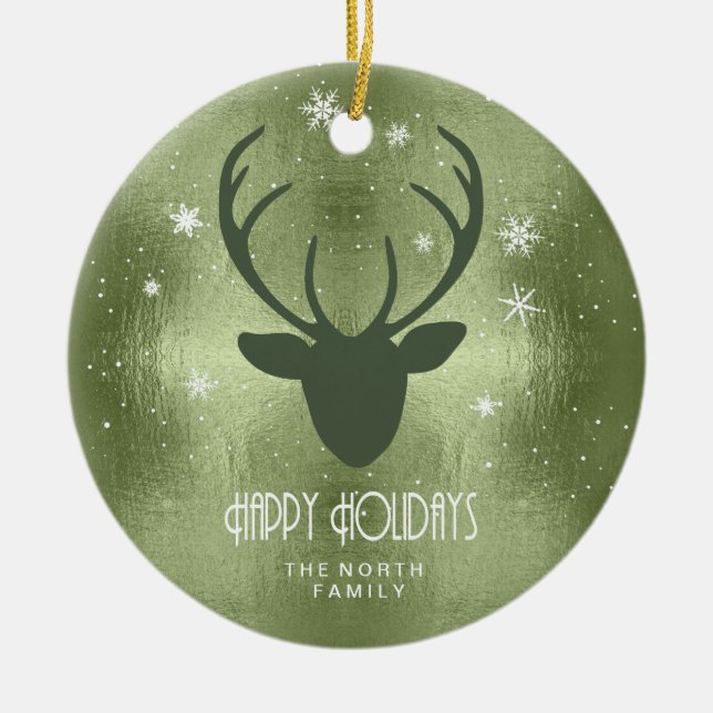Ornamento De Cerâmica Deer Antlers Silhouette & Snowflakes Green ID861 (Frente)