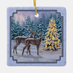 Ornamento De Cerâmica Deer e Árvore de Natal Blue