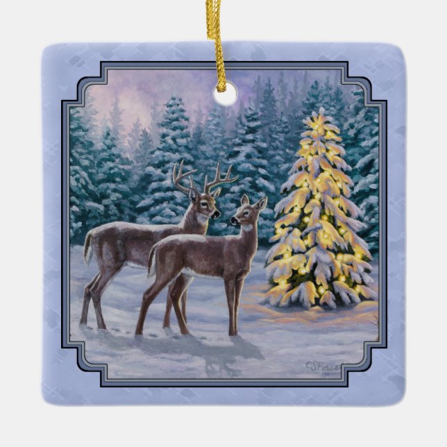 Ornamento De Cerâmica Deer e Árvore de Natal Blue (Frente)
