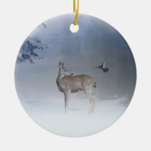 Ornamento De Cerâmica Deer e Blue Jay no Xmas da Natureza da Neve