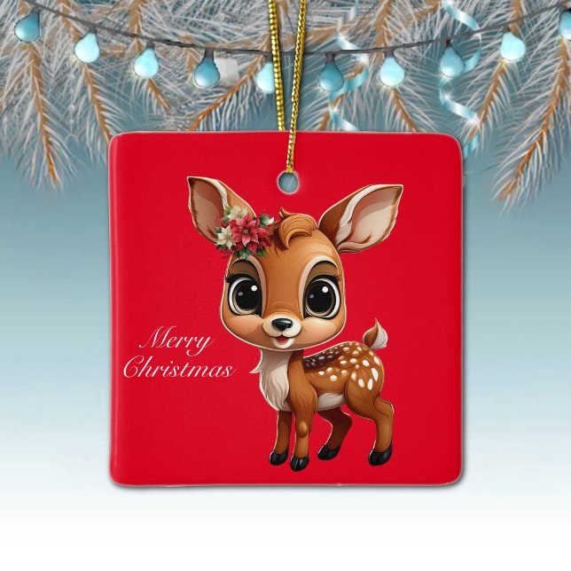 Ornamento De Cerâmica Deer, Fawn, Doe 🦌 🎄 Feliz Natal, Vermelho (Baby Deer, Floral Fawn Doe Poinsettia Customizable Merry Christmas Red Square Ceramic Ornament 🦌🎄)