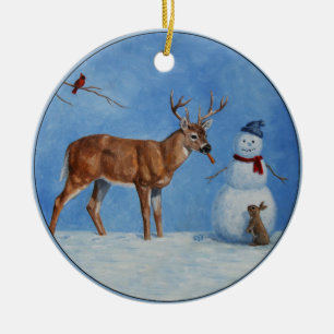 Ornamento De Cerâmica Deer & Funny Snowman Christmas