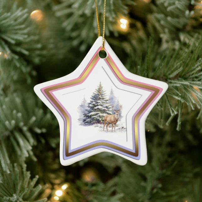 Ornamento De Cerâmica Deer Winter Forest Star Ornament (Árvore)