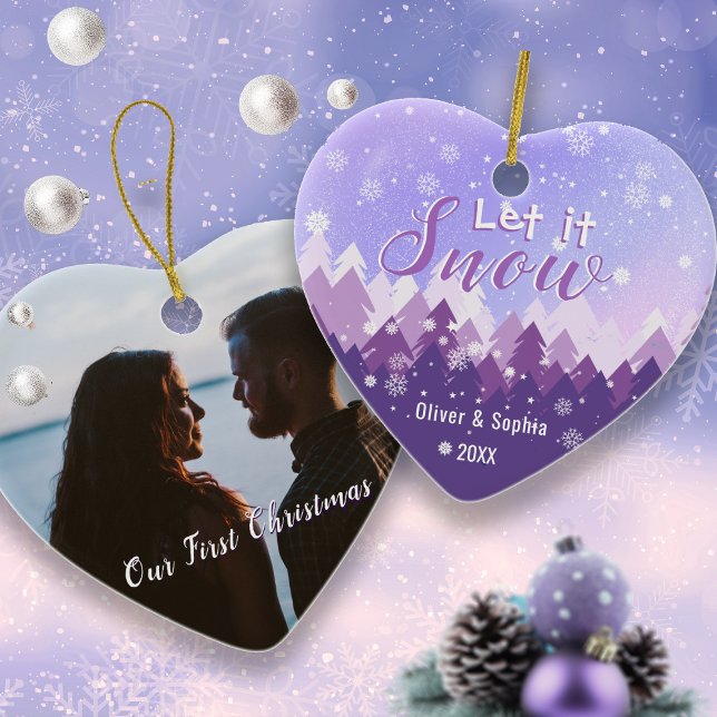 Ornamento De Cerâmica Deixar Neve Primeira Foto de Natal Roxo (Criador carregado)