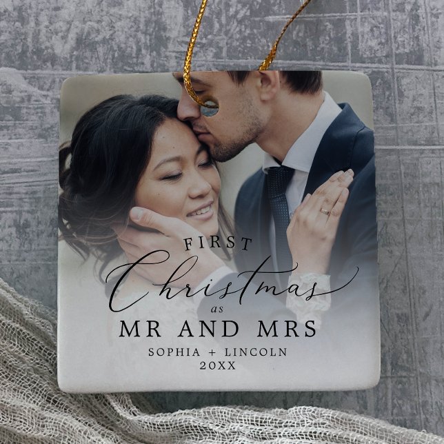 Ornamento De Cerâmica Delicar Foto do Primeiro Casamento de Natal Recém- (Criador carregado)