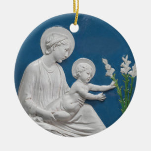 Ornamento De Cerâmica Della Robbia Madonna & Child com Lílias Azul Bran
