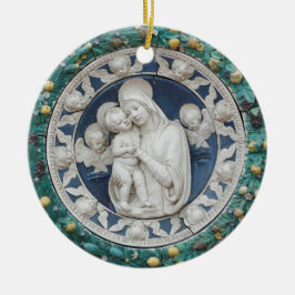 Ornamento De Cerâmica Della Robbia Madonna Criança Cherubs Garland Azul