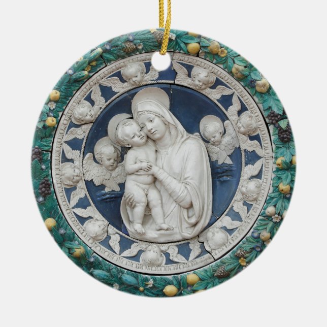 Ornamento De Cerâmica Della Robbia Madonna Criança Cherubs Garland Azul (Frente)