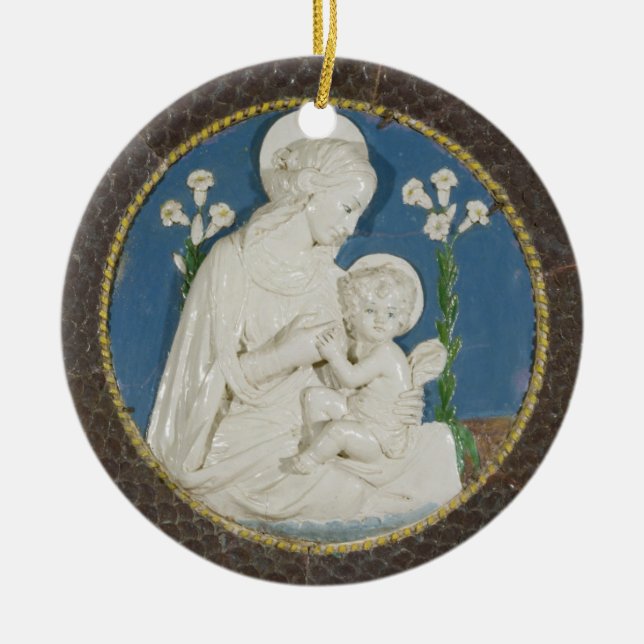 Ornamento De Cerâmica Della Robbia Virgin com Lily Blue White Madonna (Frente)