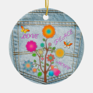Ornamento De Cerâmica Denim Back Pocket Flores Paz Esperança