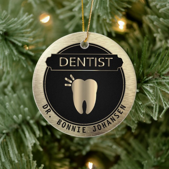 Ornamento De Cerâmica 🦷 Dentista - Preto e Dourado (Árvore)