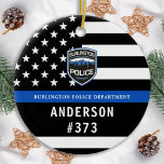 Ornamento De Cerâmica Departamento de Polícia Logotipo Personalizado Pol<br><div class="desc">Enfeites de natal do Departamento de Polícia da Linha Azul - bandeira americana em cores de bandeira policial, design azul e preto moderno. Personalize com o logotipo do seu departamento e personalize com o nome e o número do crachá dos policiais. Este ornamento personalizado de polícias é perfeito para departamentos...</div>