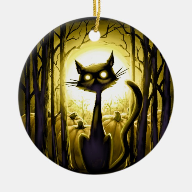 Ornamento De Cerâmica Derpy Little Halloween Cat em um Pumpkin Patch (Frente)