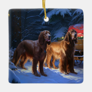 Ornamento De Cerâmica Desconto de Natal do Irish Red Setter Snowy Sleigh