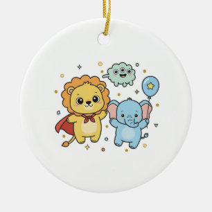 Ornamento De Cerâmica Desenho animado de amigos leão e elefante super-he